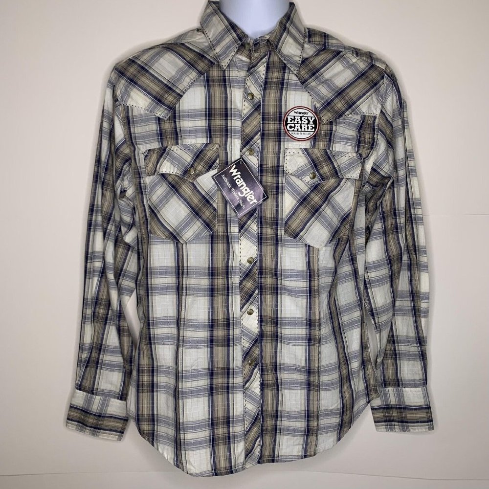 NWT Wrangler Men's Western Pearl-Snap Long-Sleeve Premium Plaid Shirt- SMALL